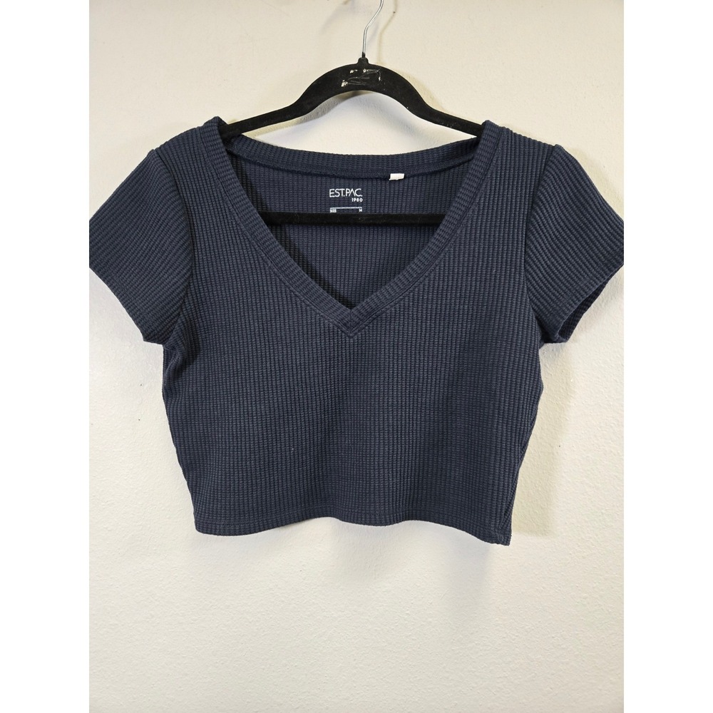 EST.PAC. Waffle Knit V-Neck Short Sleeve Crop Top Navy Blue M